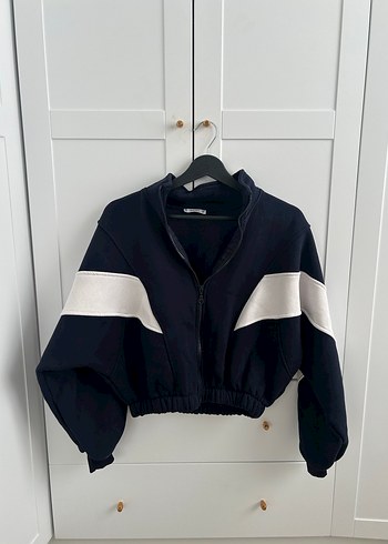 Lacivert Beyaz Kısa Fermuarlı Sweatshirt