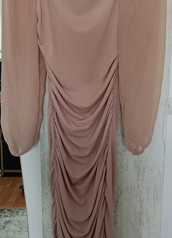 m Beden Kadın Bej Kolları Tül Drapeli Midi Boy Elbise