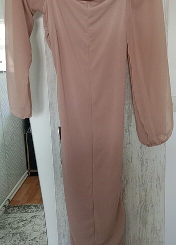 m Beden ten rengi Renk Kadın Bej Kolları Tül Drapeli Midi Boy Elbise
