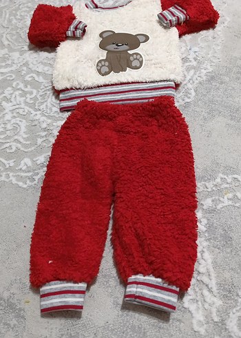 3 Ay Beden Kırmızı Peluş Erkek Bebek Takımı Ayıcık Desenli