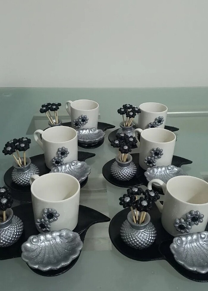 Kalpli sunum tepsisi, fincan, çiçekli vazo,lokumluk  - Görsel 2