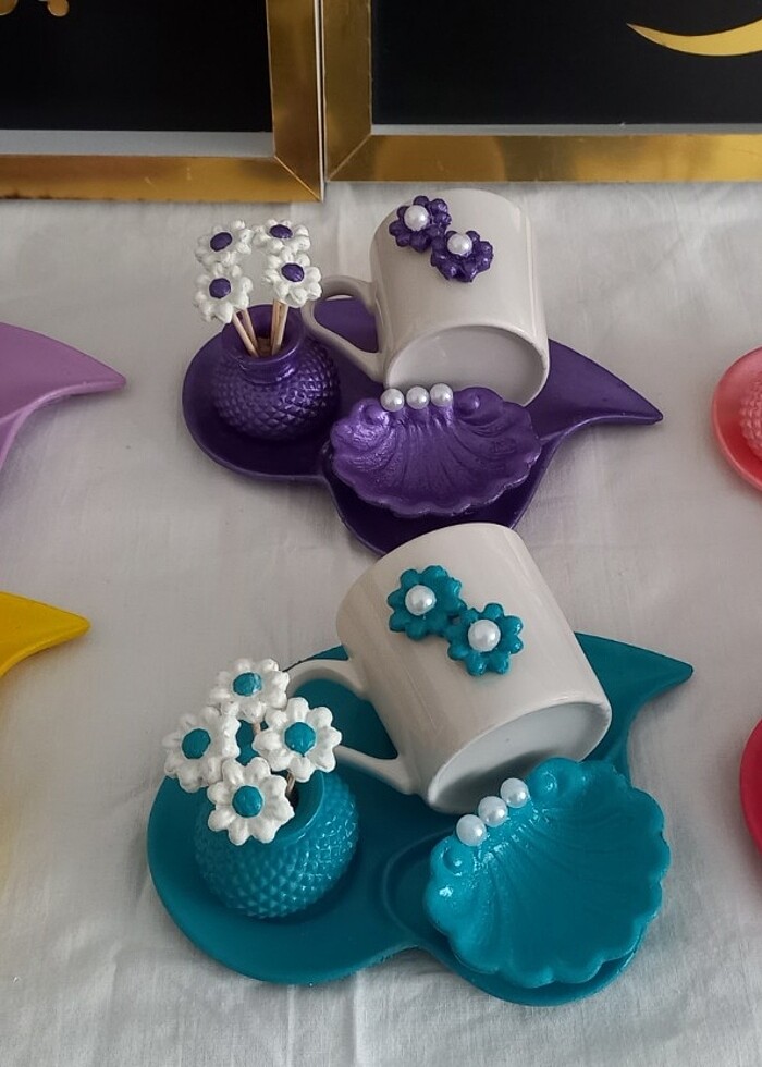 Kalpli sunum tepsisi, fincan, çiçekli vazo,lokumluk  - Görsel 3