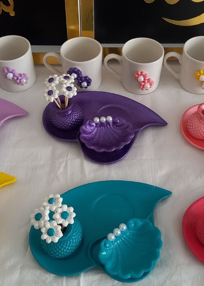 Kalpli sunum tepsisi, fincan, çiçekli vazo,lokumluk  - Görsel 4