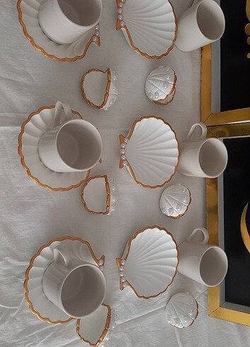 İnci detayli istiridye tabağı,lokumluk ve fincan - Görsel 3