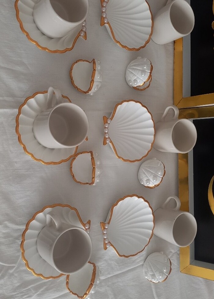 İnci detayli istiridye tabağı,lokumluk ve fincan  - Görsel 3