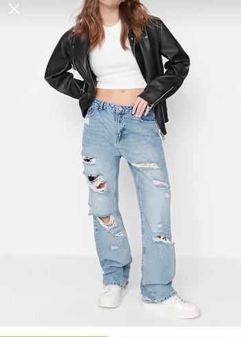 Trendyolmilla mavi yırtıklı düşük bel wide leg