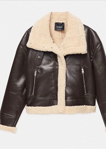 Pull and Bear Kürk Detaylı Kahverengi Kadın Deri Biker Ceket