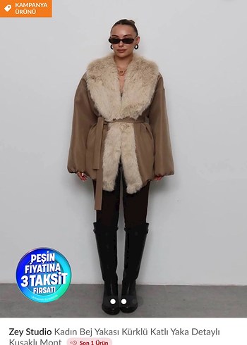 Zey Studio Bej Kürklü Katlı Yaka Mont - Görsel 3