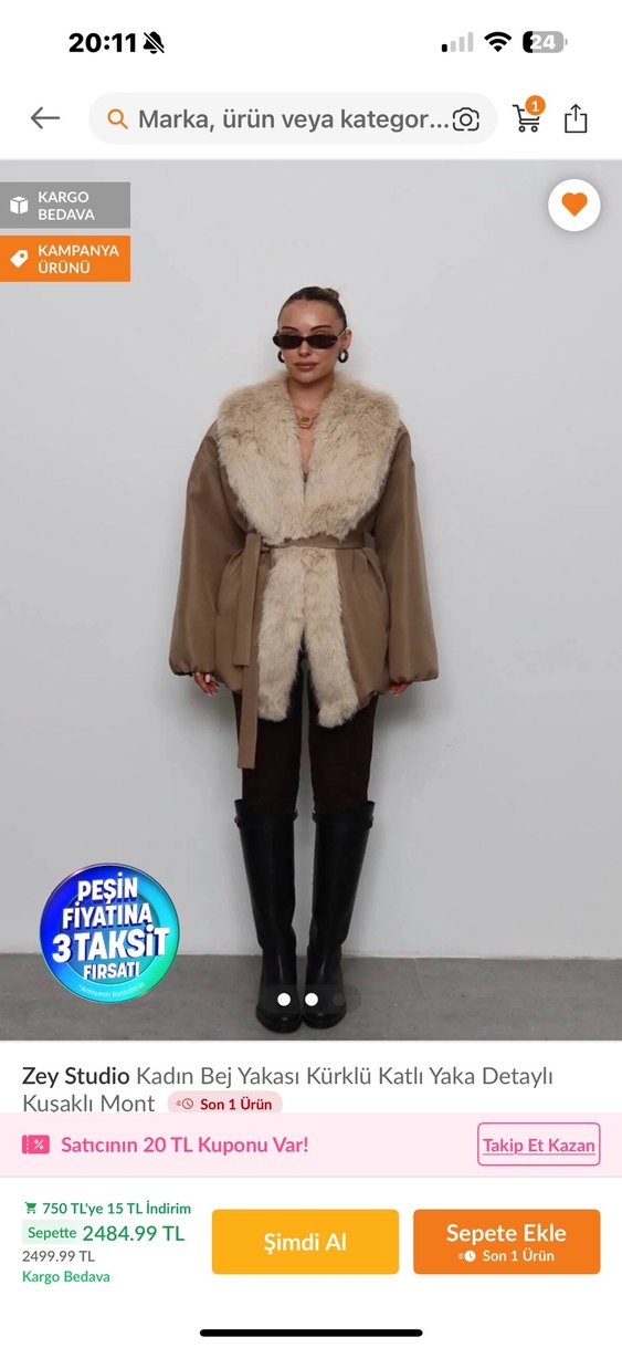 Zey Studio Bej Kürklü Katlı Yaka Mont - Görsel 3