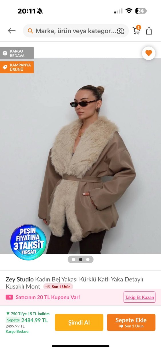 Zey Studio Bej Kürklü Katlı Yaka Mont - Görsel 2