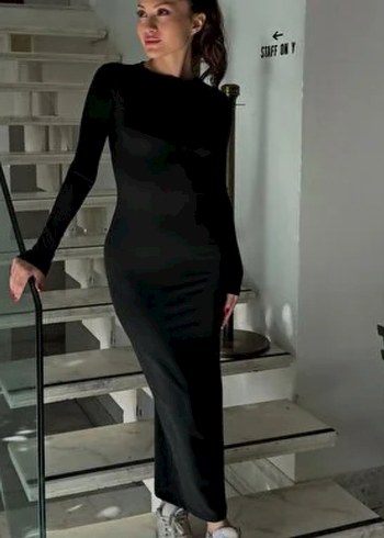 Siyah Yüksek Yakalı Uzun Kollu Kadın Elbise - Görsel 2