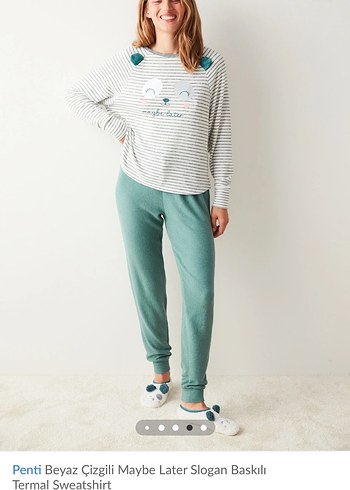 Penti Beyaz Çizgili Maybe Later Sloganlı Termal Sweatshirt