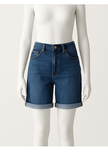 Lacivert Bol Kesim Kemerli Mini Kot Şort - Görsel 9