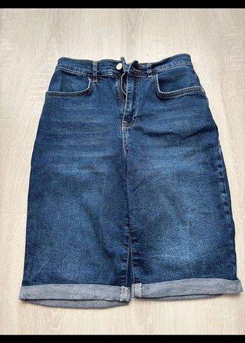 Lacivert Bol Kesim Kemerli Mini Kot Şort - Görsel 5