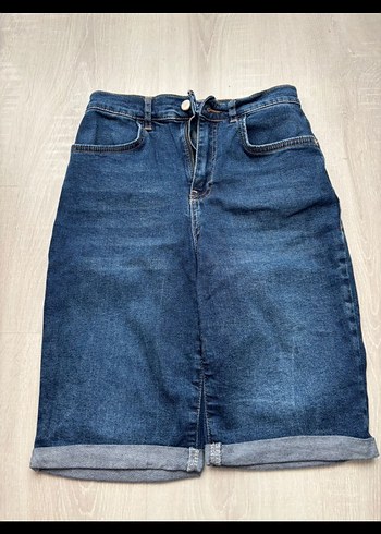 Lacivert Bol Kesim Kemerli Mini Kot Şort - Görsel 6