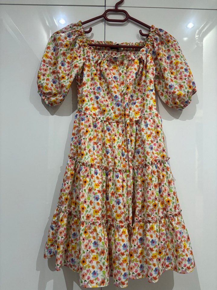 Bohem Renkli Midi Elbise Fırfırlı Detaylı - Görsel 5