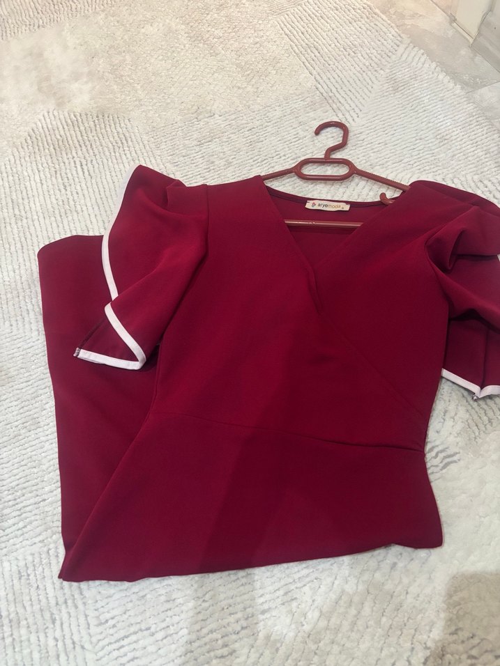 Bordo Uzun Kollu Fırfırlı Kadın Elbise - Görsel 2