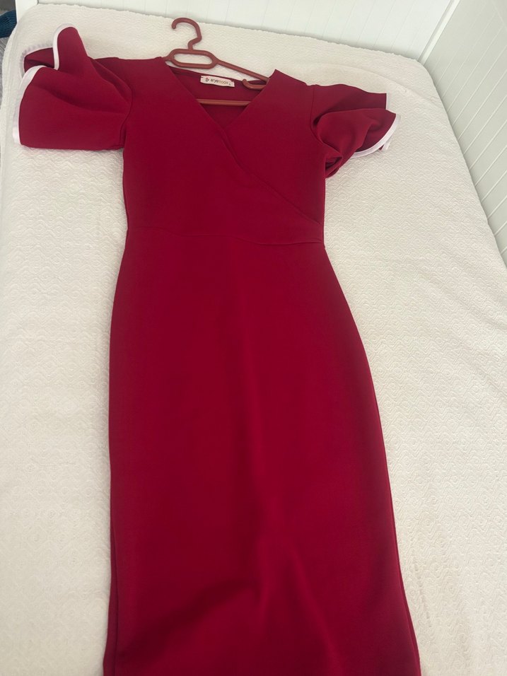 Bordo Uzun Kollu Fırfırlı Kadın Elbise - Görsel 4