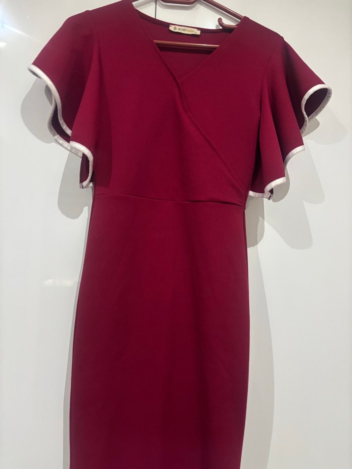 Bordo Uzun Kollu Fırfırlı Kadın Elbise - Görsel 3