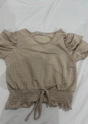 Bej Kısa Kollu Fırfırlı Kadın Bluz - Görsel 5