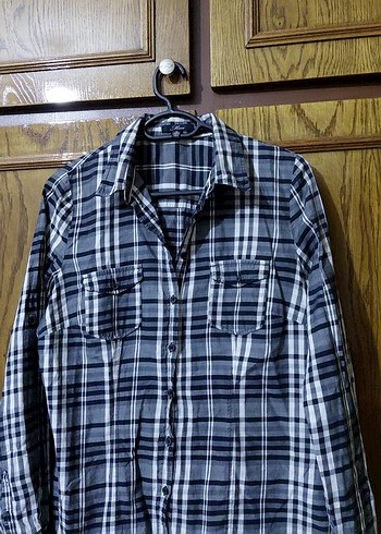 Gri Ekose Desenli Düğmeli Kadın Gömlek MAVİ DEN 42 BEDEN - Görsel 10