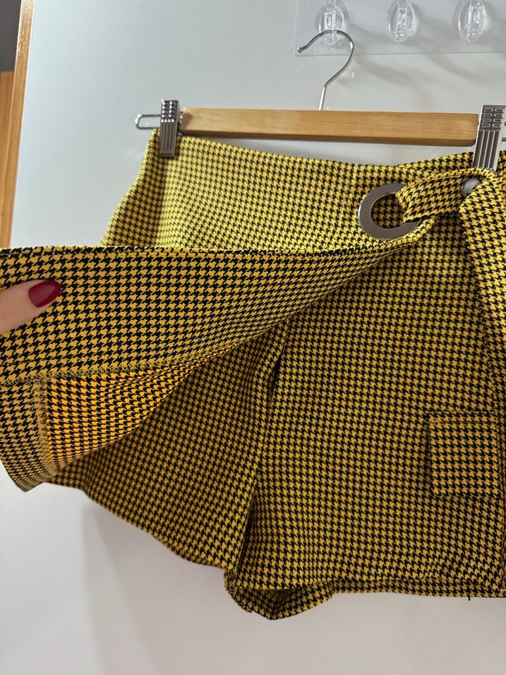 Sarı Ekose Kemerli Mini Etek - Görsel 4