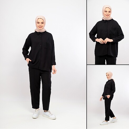 xl Beden siyah Renk Kadın İkili Keten Gömlek Pantolon Alt Üst Takım