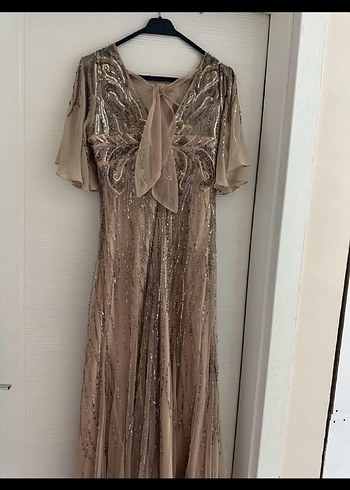 Bej V Yaka Uzun Drapeli Abiye Elbise - Görsel 2