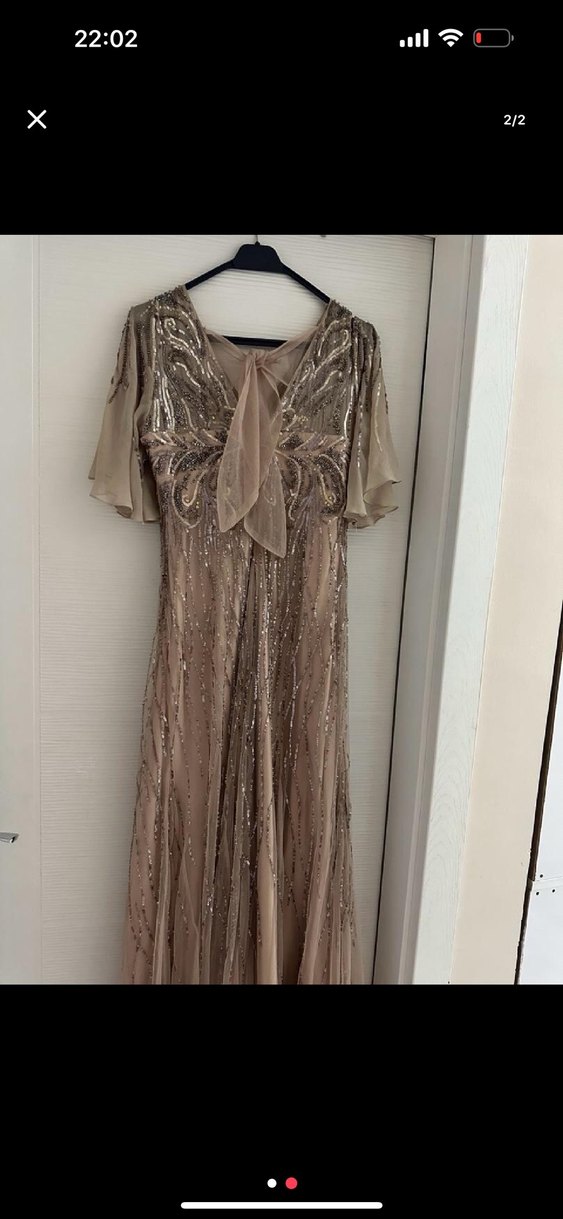 Bej V Yaka Uzun Drapeli Abiye Elbise - Görsel 2