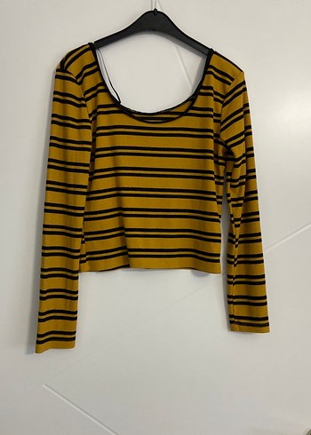 Sarı Siyah Çizgili Uzun Kollu Crop Top - Görsel 2