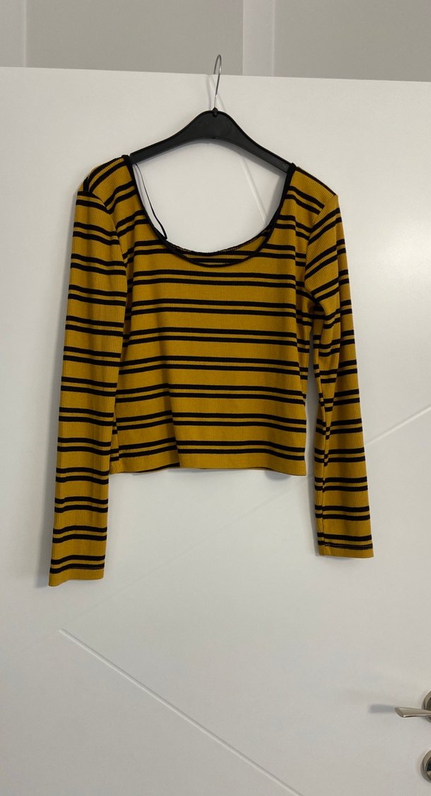 Sarı Siyah Çizgili Uzun Kollu Crop Top - Görsel 2