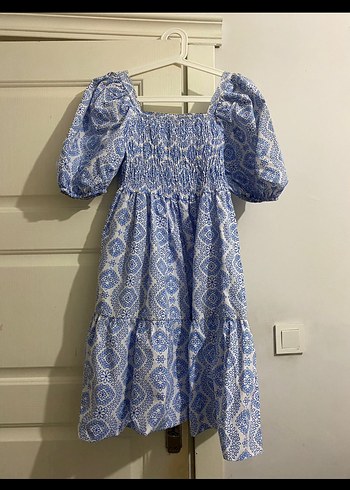 Mavi Bohem Midi Elbise, Kabarık Kısa Kollu - Görsel 2