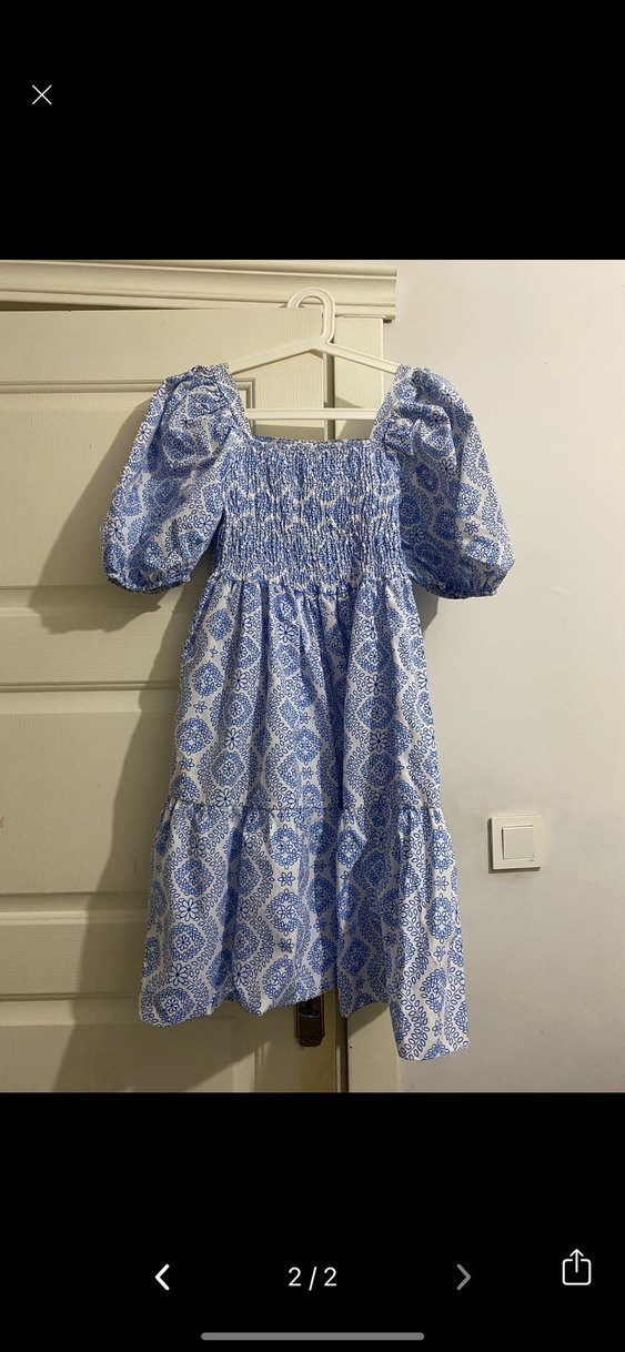 Mavi Bohem Midi Elbise, Kabarık Kısa Kollu - Görsel 2