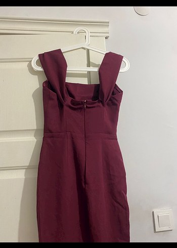 Bordo Uzun Drapeli Kadın Elbise - Görsel 5