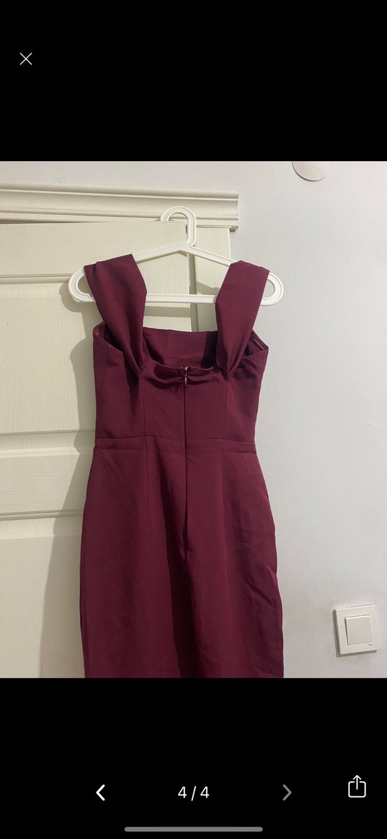 Bordo Uzun Drapeli Kadın Elbise - Görsel 5