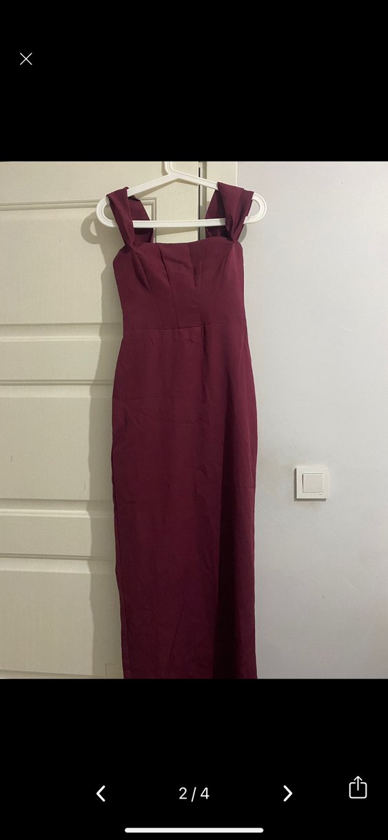 Bordo Uzun Drapeli Kadın Elbise - Görsel 4