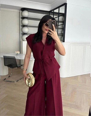 Diğer Belden Bağlamalı Yelekli Takım Bordo