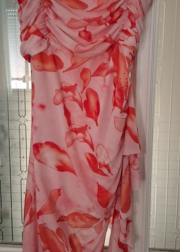 Pembe Straplez Drapeli Midi Elbise