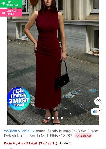 Bordo Kolsuz Drapeli Uzun Elbise