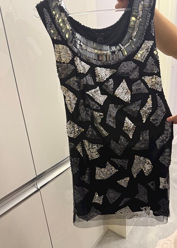 Siyah Gri Payetli V Yaka Midi Abiye Elbise - Görsel 2