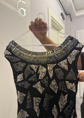 Siyah Gri Payetli V Yaka Midi Abiye Elbise - Görsel 4