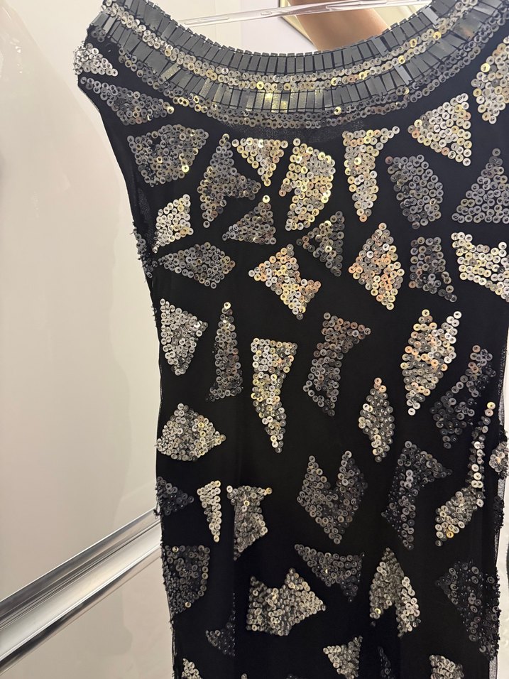 Siyah Gri Payetli V Yaka Midi Abiye Elbise - Görsel 5