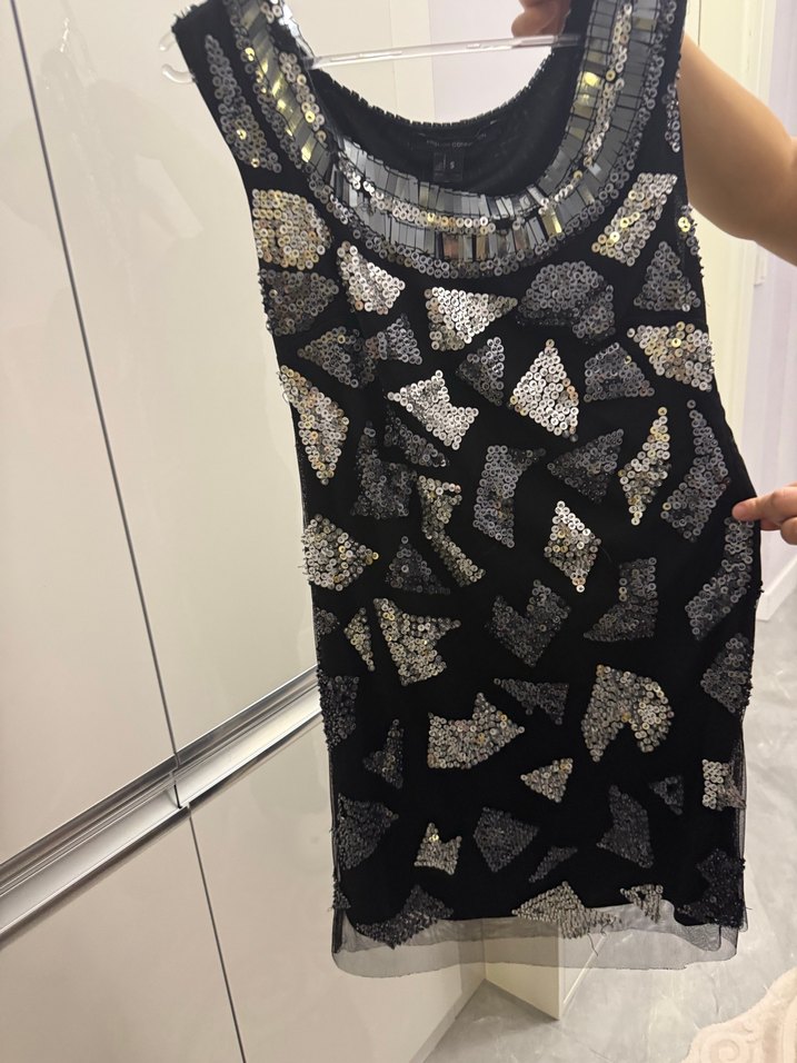 Siyah Gri Payetli V Yaka Midi Abiye Elbise - Görsel 2