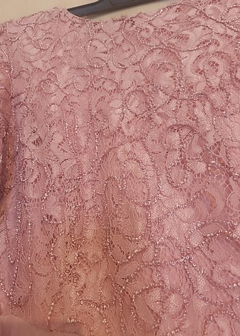 Dantel Detaylı Uzun Kollu Pembe Abiye Elbise - Görsel 2
