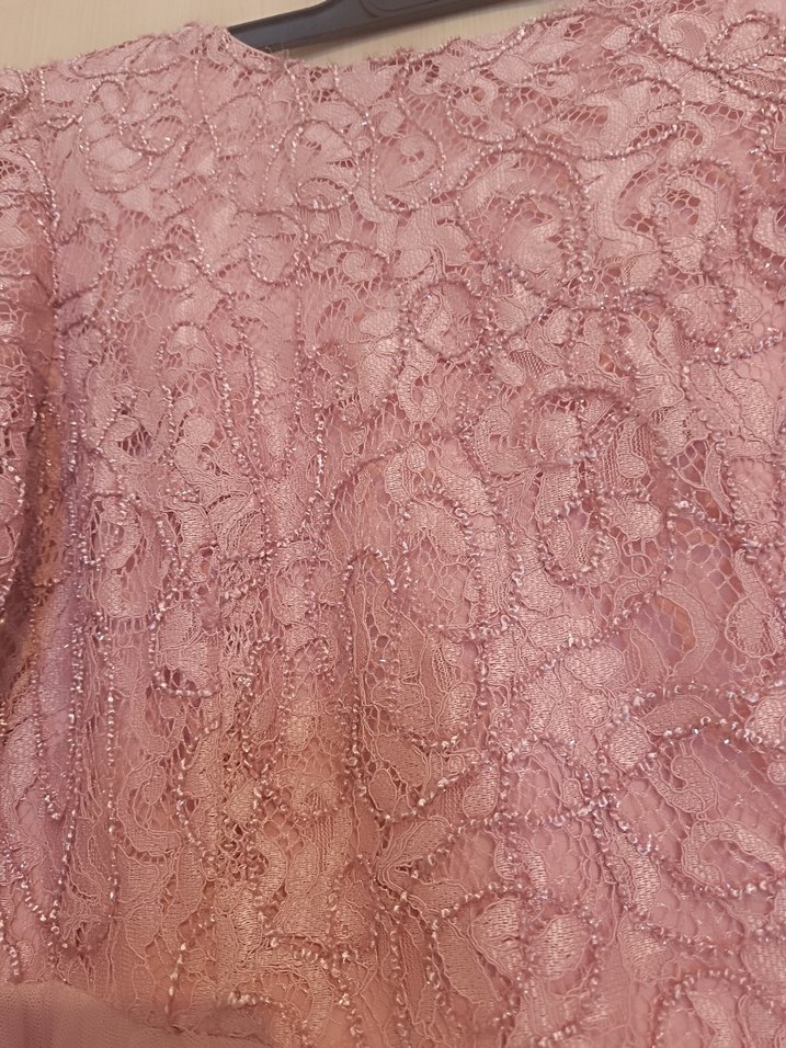 Dantel Detaylı Uzun Kollu Pembe Abiye Elbise - Görsel 2
