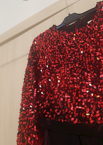 Koyu Kırmızı Desenli Uzun Kollu Kadın Abiye Elbise - Görsel 2