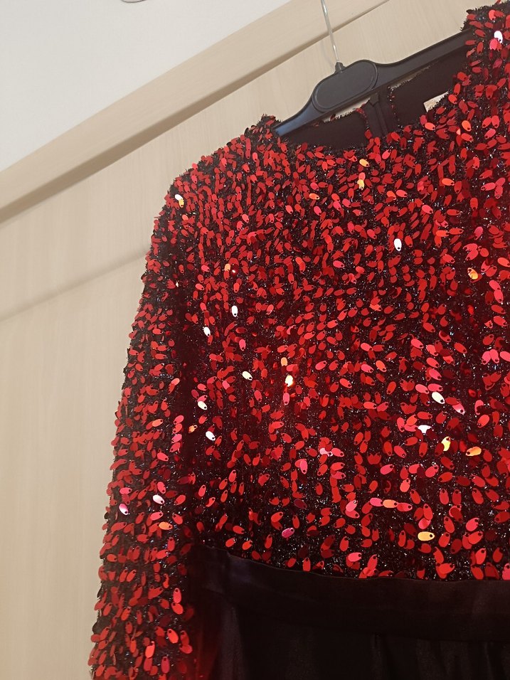 Koyu Kırmızı Desenli Uzun Kollu Kadın Abiye Elbise - Görsel 2