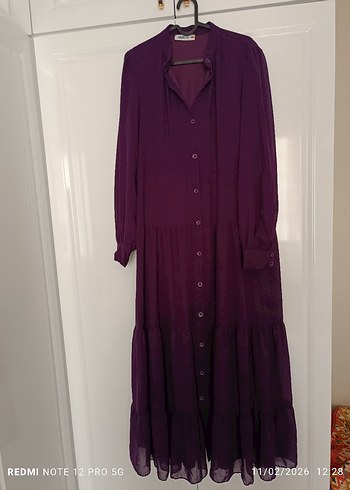Mor Uzun Düğmeli Salaş Elbise - Görsel 3