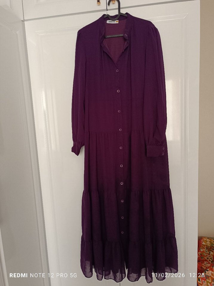 Mor Uzun Düğmeli Salaş Elbise - Görsel 3
