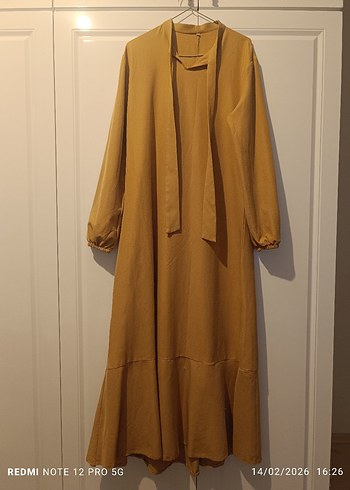 Bej Uzun Keten Elbise Yüksek Yakalı - Görsel 3